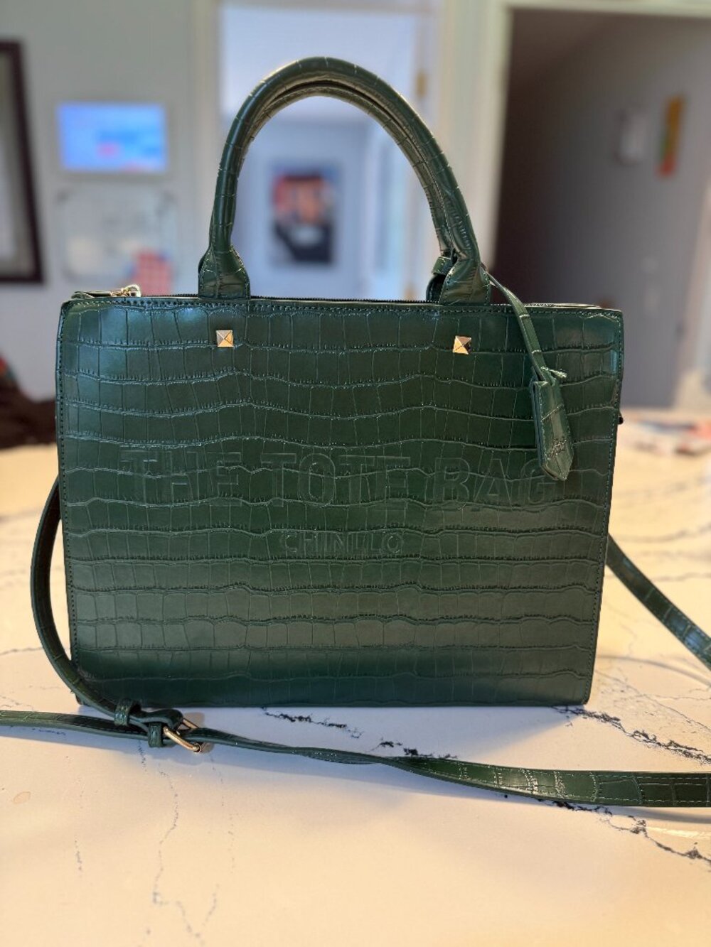 The Tote Bag, Chinillo Green Croc Embossed Satchel Crossbody Structured Handbag